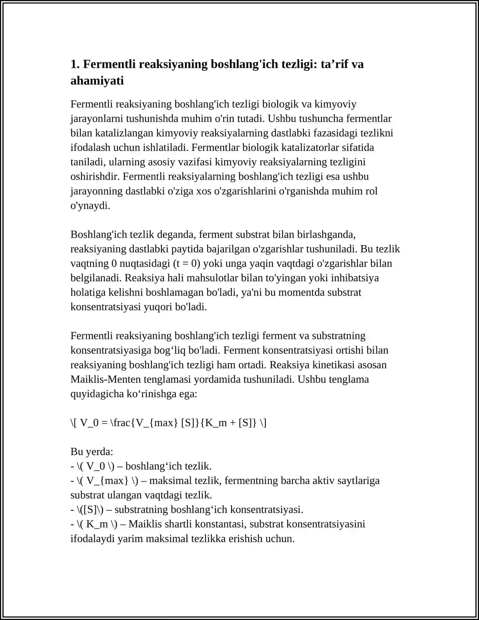 FERMENTLI REAKSIYALARNING BOSHLANGICH TEZLIGI VA UNI ANIQLASH 4