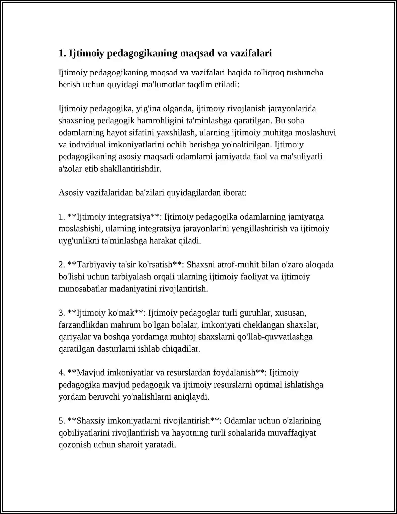 IJTIMOIY PEDAGOGIKANING MAZMUNI, MAQSAD VAZIFALARI, IJTIMOIY PEDAGOGIKANING TARKIBIY QIDIMLARI 4