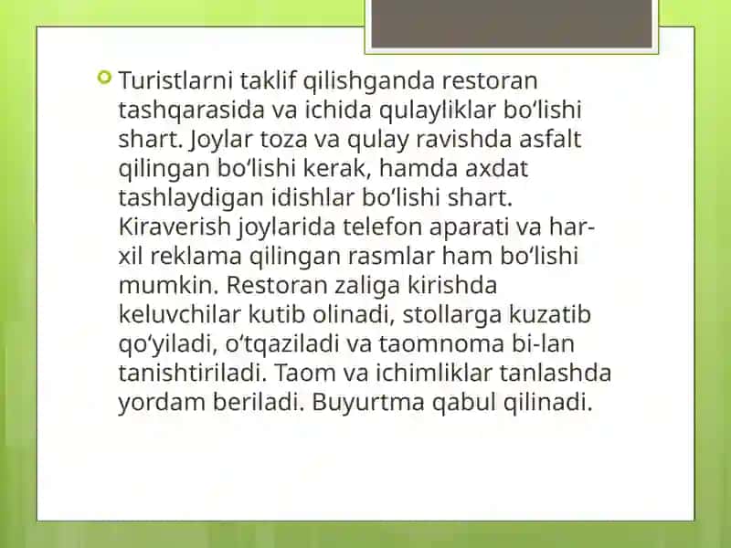 RESTORANLARDA MEHMONLAR ISHONCHI. BARLARDAGI SERVIS 4