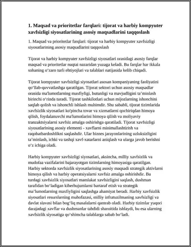 TIJORAT VA HARBIY KOMPYUTER XAVFSIZLIGI SIYOSATLARINI TAQQOSLASH 4