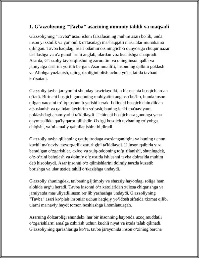 G'AZZOLIYNING "TAVBA" ASARINI TAHLIL ETISH VA TALABALARNING O'Z FAOLIYATIDA MAVJUD OFATLARNI ANIQLASH VA O'ZIGA BAHO BERUVCHI ESSE TAYYORLASH 4