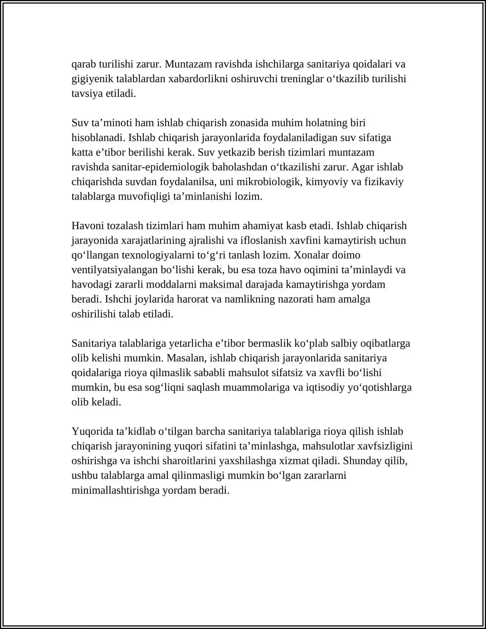 KORXONALAR JIHOZLARI, ASBOBLARI, ISITISH VA TARALARIGA QO'YILADIGAN SANITARIYA TALABLARI 4