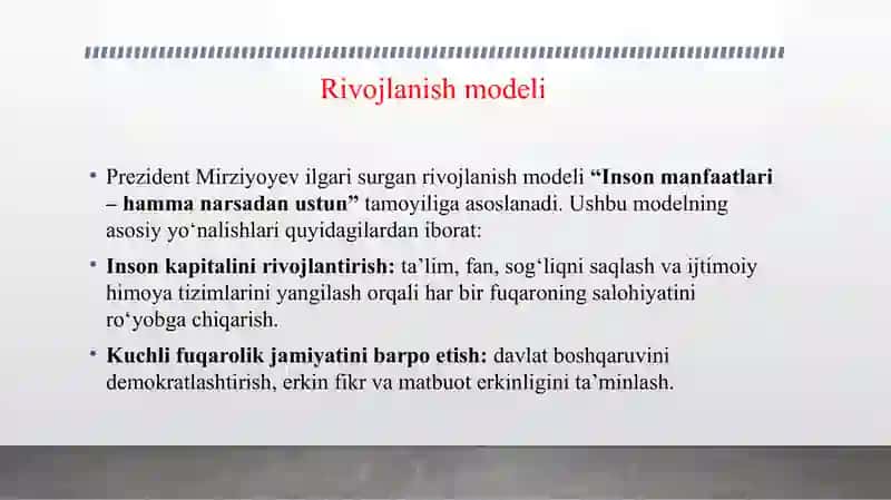 O’ZBEKISTON RESPUBLIKASI PREZIDENTI SH.M.MIRZIYOYEVNING " YANGI O’ZBEKISTON TARAQQIYOT STRATEGIYASI" KITOBIDA RIVOJLANISH MODELI VA UCHINCHI RENESSANS TUSHUNCHALARI. 4
