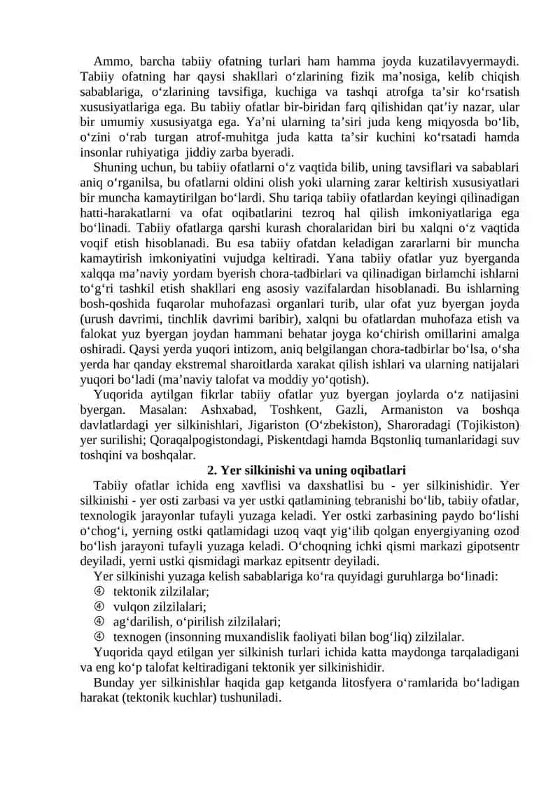 O‘zbekistonda bo‘lishi mumkin bo‘lgan tabiiy xavflar va ularda muhofaza tadbirlari 4
