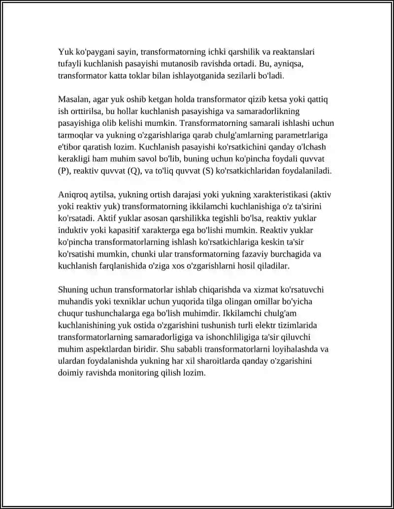 TRANSFORMATORNING YUKLAMA OSTIDA ISHLASHI DA IKKILAMCHI CHULG'AM KUCHLANISHINING O'ZGARISHI 4
