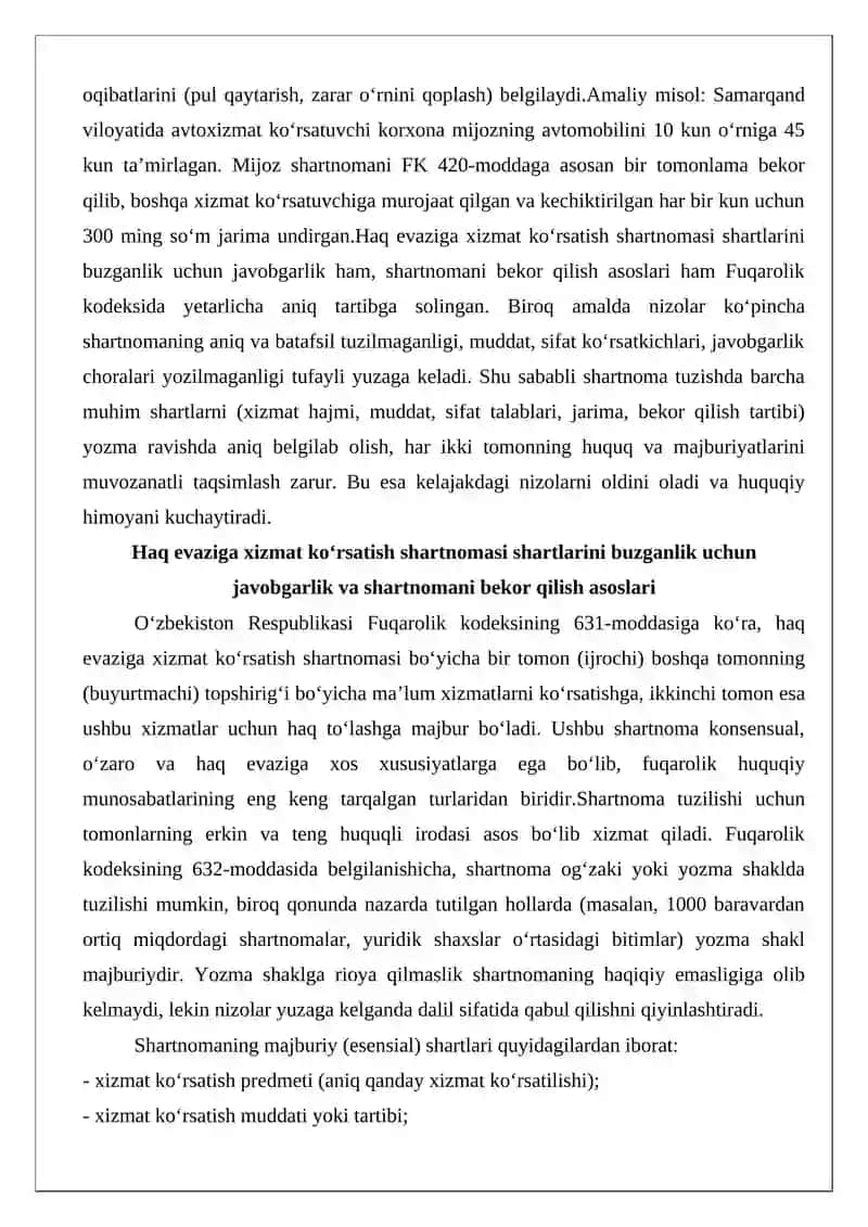 Haq evaziga xizmat ko‘rsatish shartnomasi shartlarini buzganlik uchun javobgarlik va shartnomani bekor qilish asoslari 4