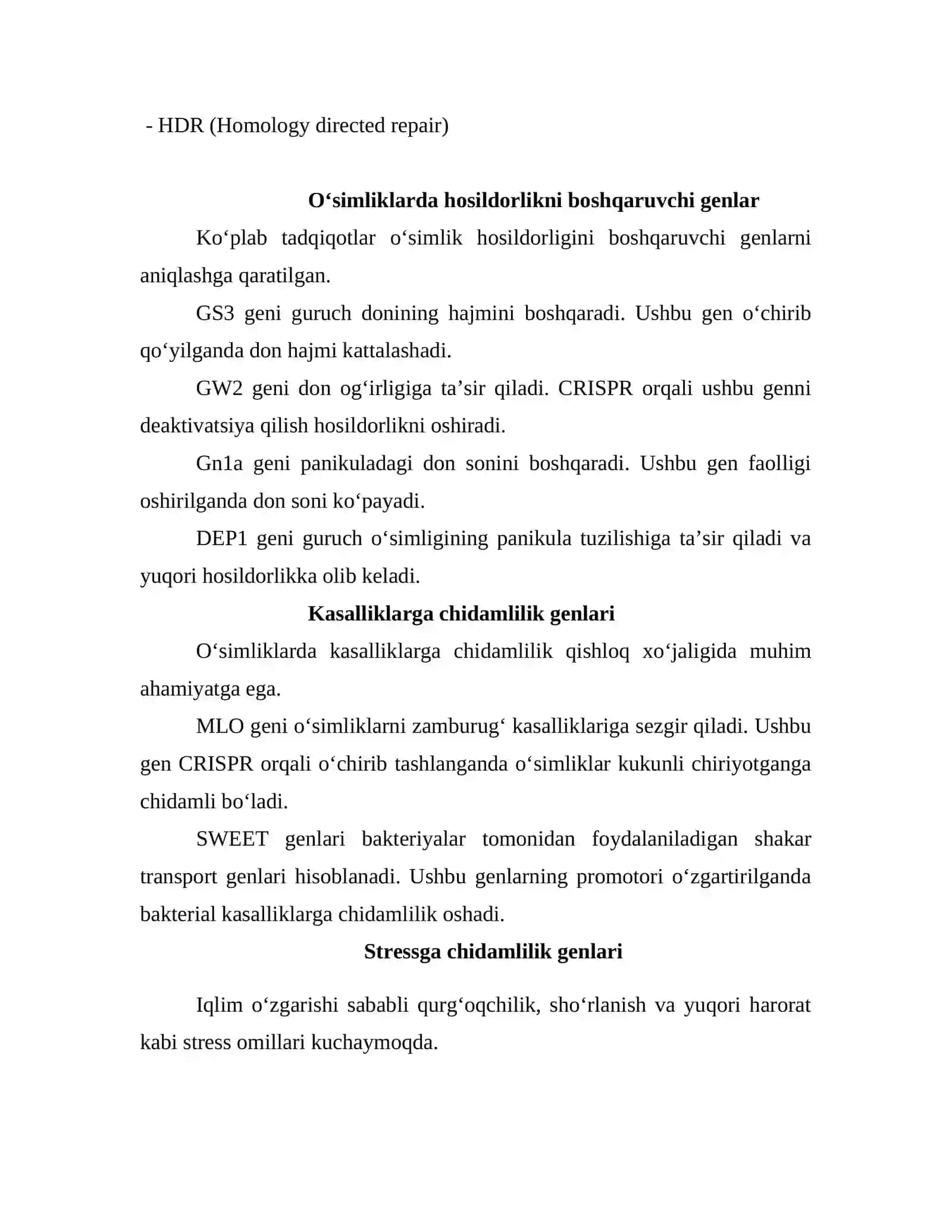 Biotexnologiyada gen muhandisligi usullari yordamida o‘simliklarning sifat ko‘rsatkichlarini yaxshilash va hosildorligini oshirish (CRISPR/Cas9 texnologiyasi 4