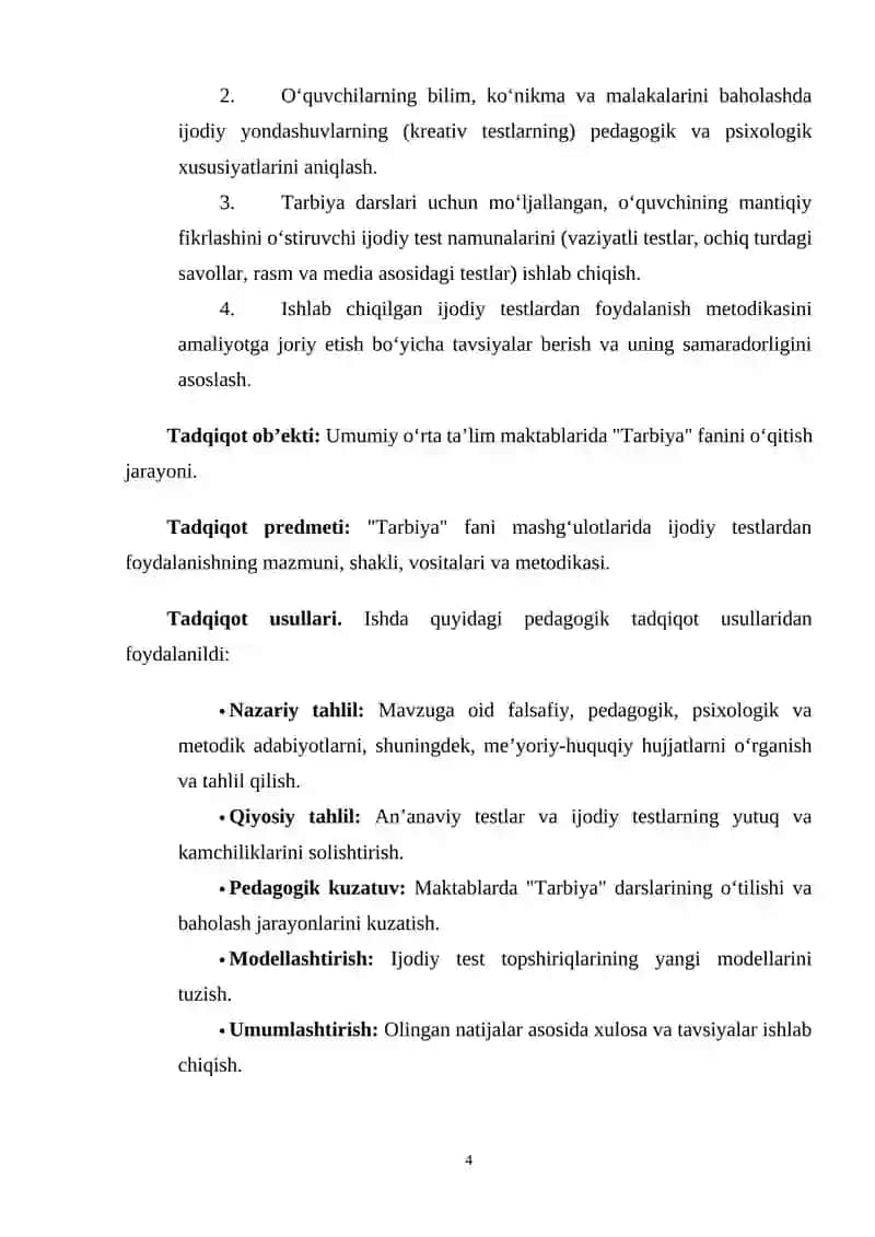 TARBIYA FANINI O‘QITISHDA IJODIY TESTLARDAN FOYDALANISH METODIKASI 4
