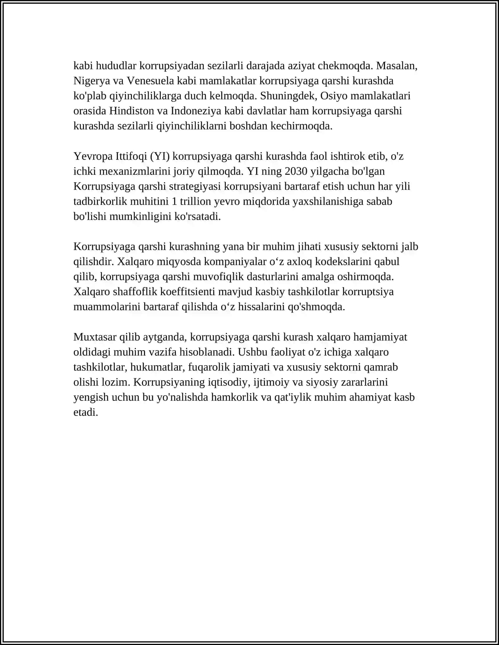 KORRUPSIYAGA QARSHI KURASH BOʻYICHA XALQARO QONUNLAR VA QATORLARNING TAJRIBASI REFERAT 4