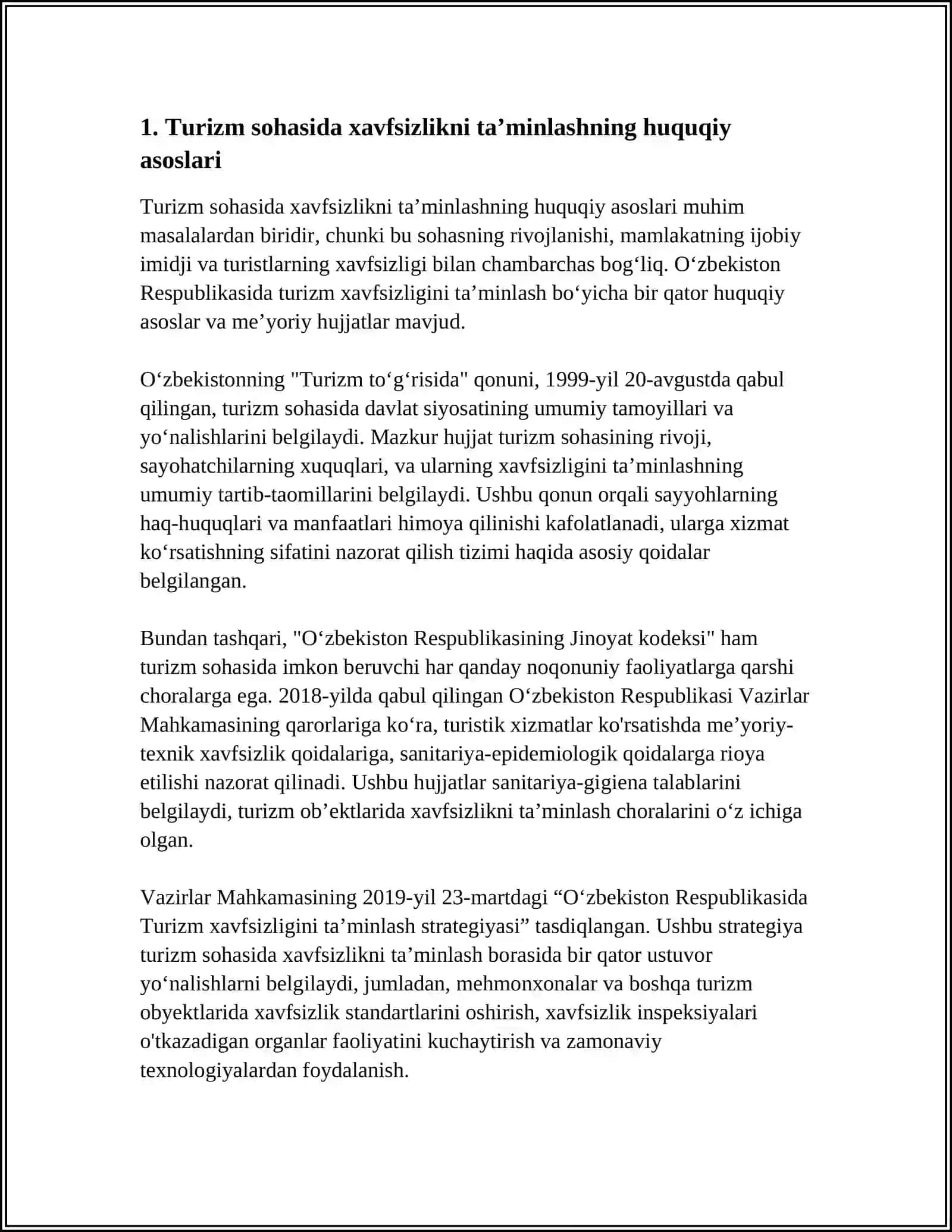 Turizm sohasida xavfsizlikni ta’minlashning huquqiy asoslari 4
