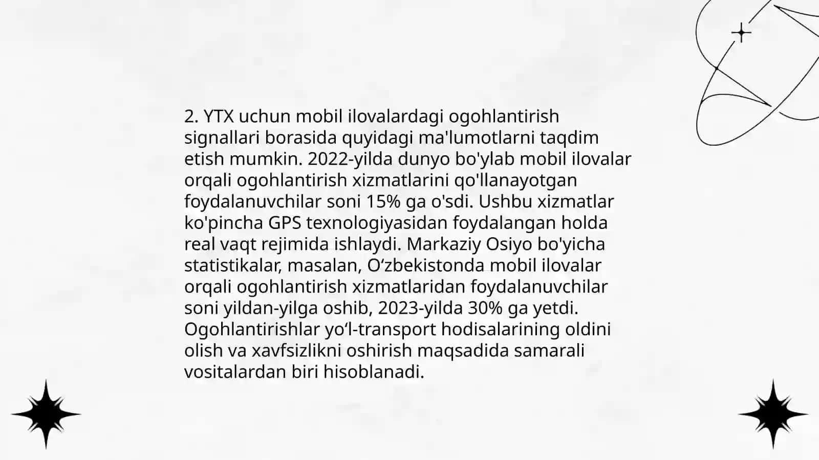 Yo’l-transport xodisasn (YTX) to’g’risida o’z vaqtida xabar berish va ogohlantirish tizimi 4
