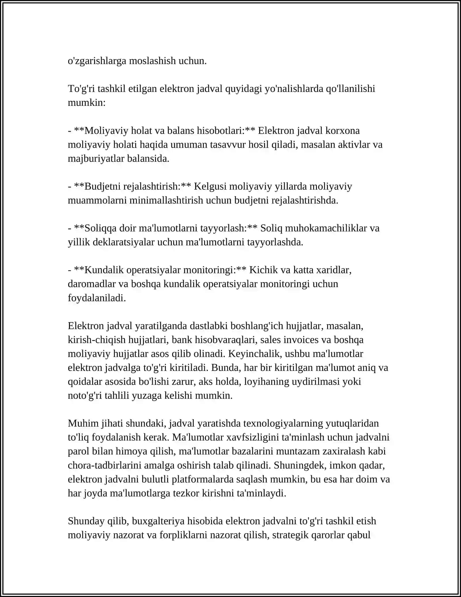 BUXLAGTERIYA HISOBI-KITOBLARIDA ELEKTRON JADVALDAN FOYDALANILGAN HOLDA MISOLLAR YECHISH 4