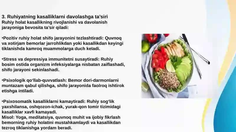 Kasallikni davolashda to‘g‘ri ovqatlanishning o‘rni. Inson ruhiyatining kasalliklarni davolashga ta’siri 4