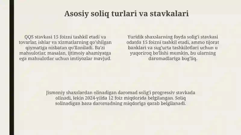 O'ZBEKISTON SOLIQ TIZIMDA AMALDAGI BOLGAN SOLIQLAR VA YIG'IMLAR TAVSIF 4