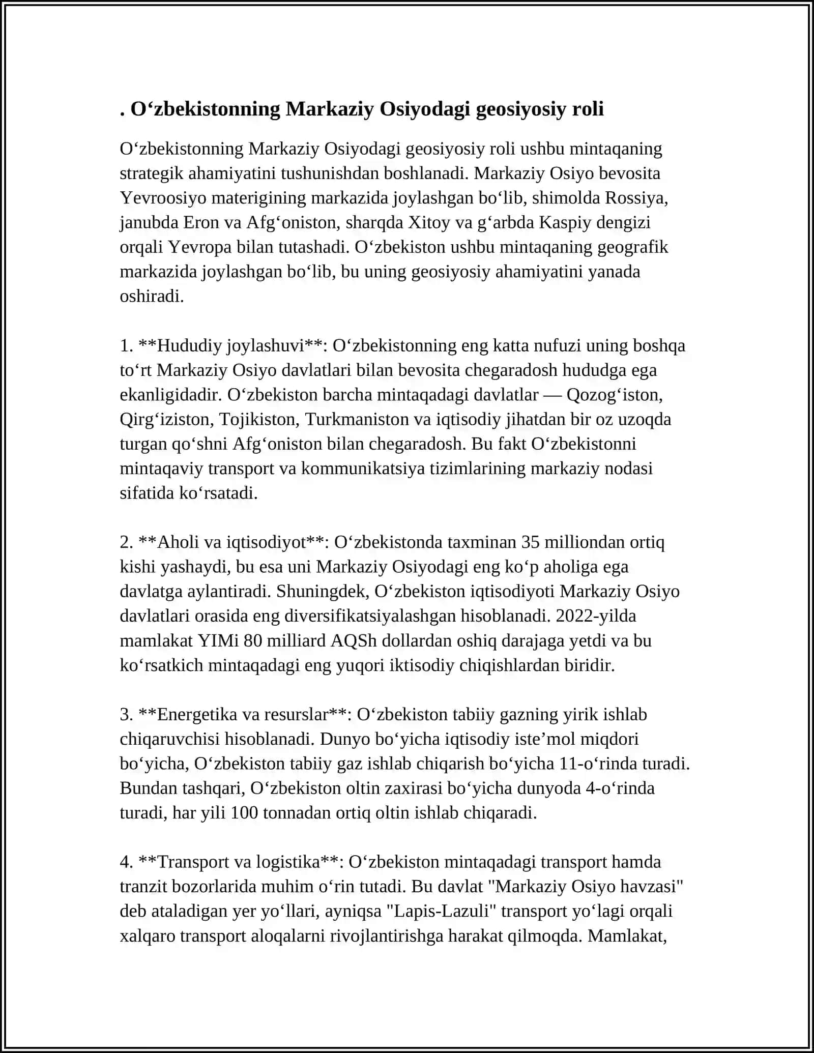 O‘ZBEKISTONNING MARKAZIY OSIYODA TINCHLIK VA BARQARORLIKNI TA’MINLASHDAGI O‘RNI 4