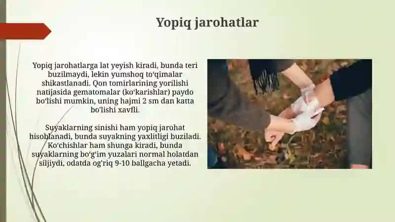 Jarohatlar klassifikatsiyasi.Birinchi yordam kôrsatish 4