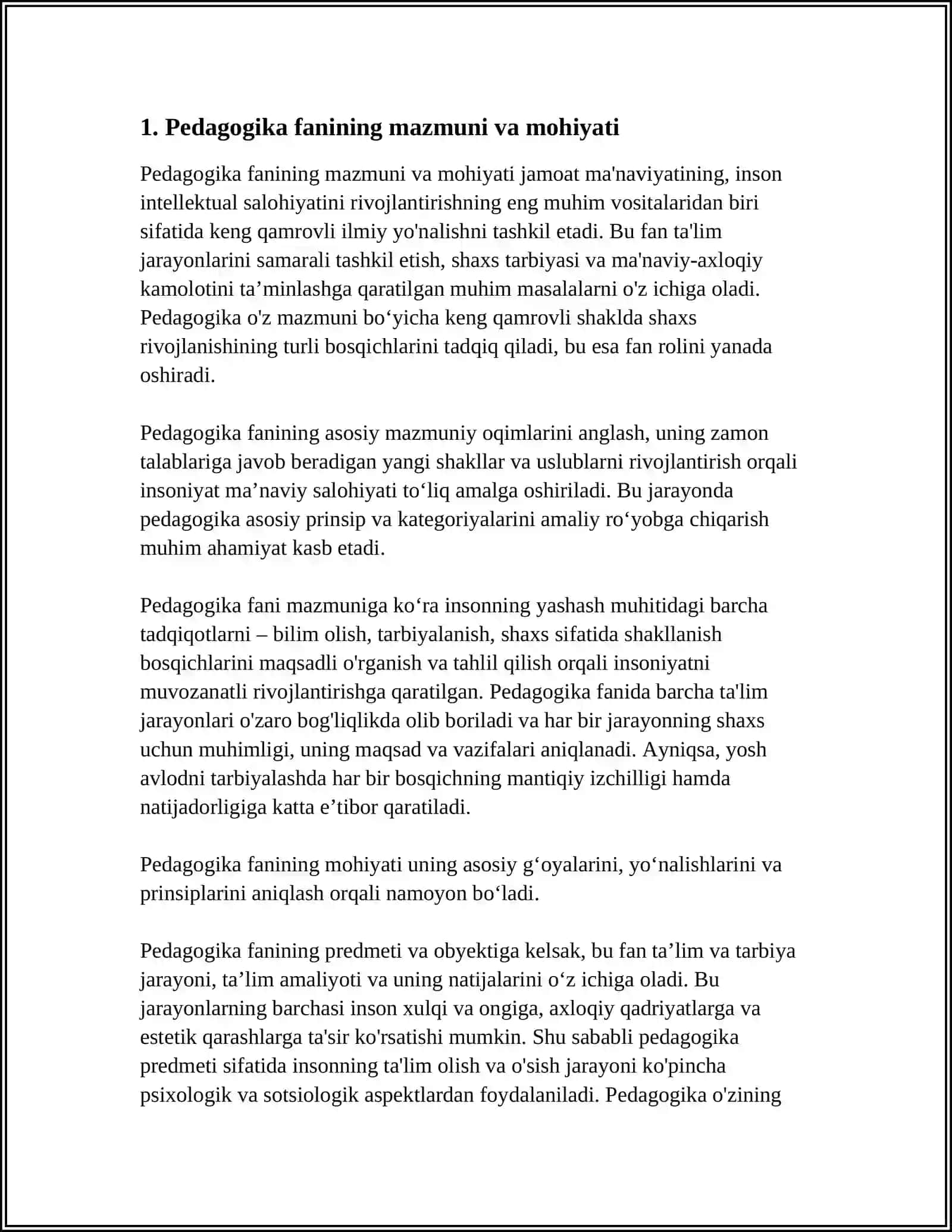 PEDAGOGIKA FANINING MAZMUNI VA MOHIYATI VA PREDMETI 4