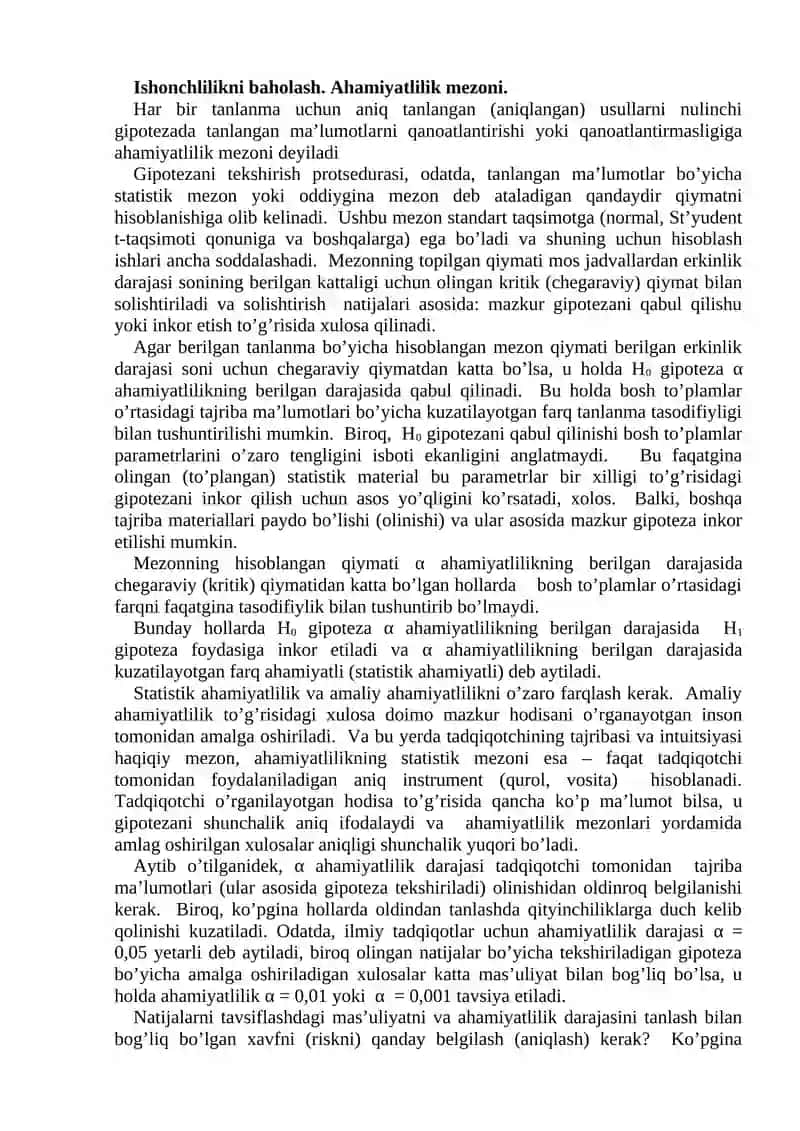 MA’RUZA. STATISTIK GIPOTEZA: ILGARI SURISH VA UNI STYUDENT TAQSIMOTI KRITIK QIYMATLARINI HISOBLASH ASOSIDA TEKSHIRISH 4