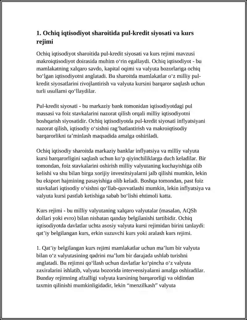 Ochiq iqtisodiyot sharoitida pul-kredit siyosati va kurs rejimi 4