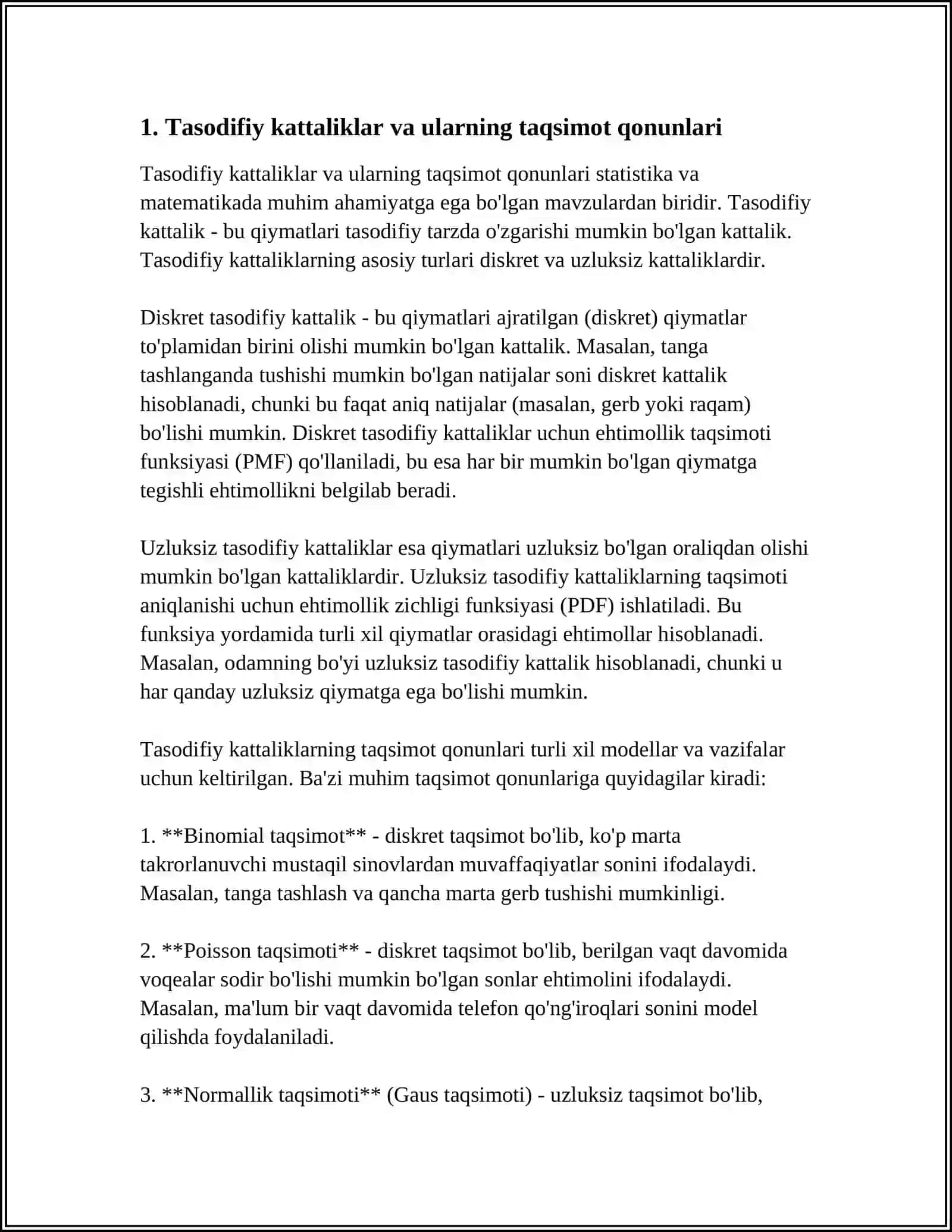 TIBBIY BIOLOGIK MASALA MISOLIDA MATEMATIK STATISTIKA ELEMENTLARI GENERAL TANLOV MAJMUALARI TASODIFIY KATTALIKLARNING TAQSIMOT QONUNINI YORITIB BERISH 4
