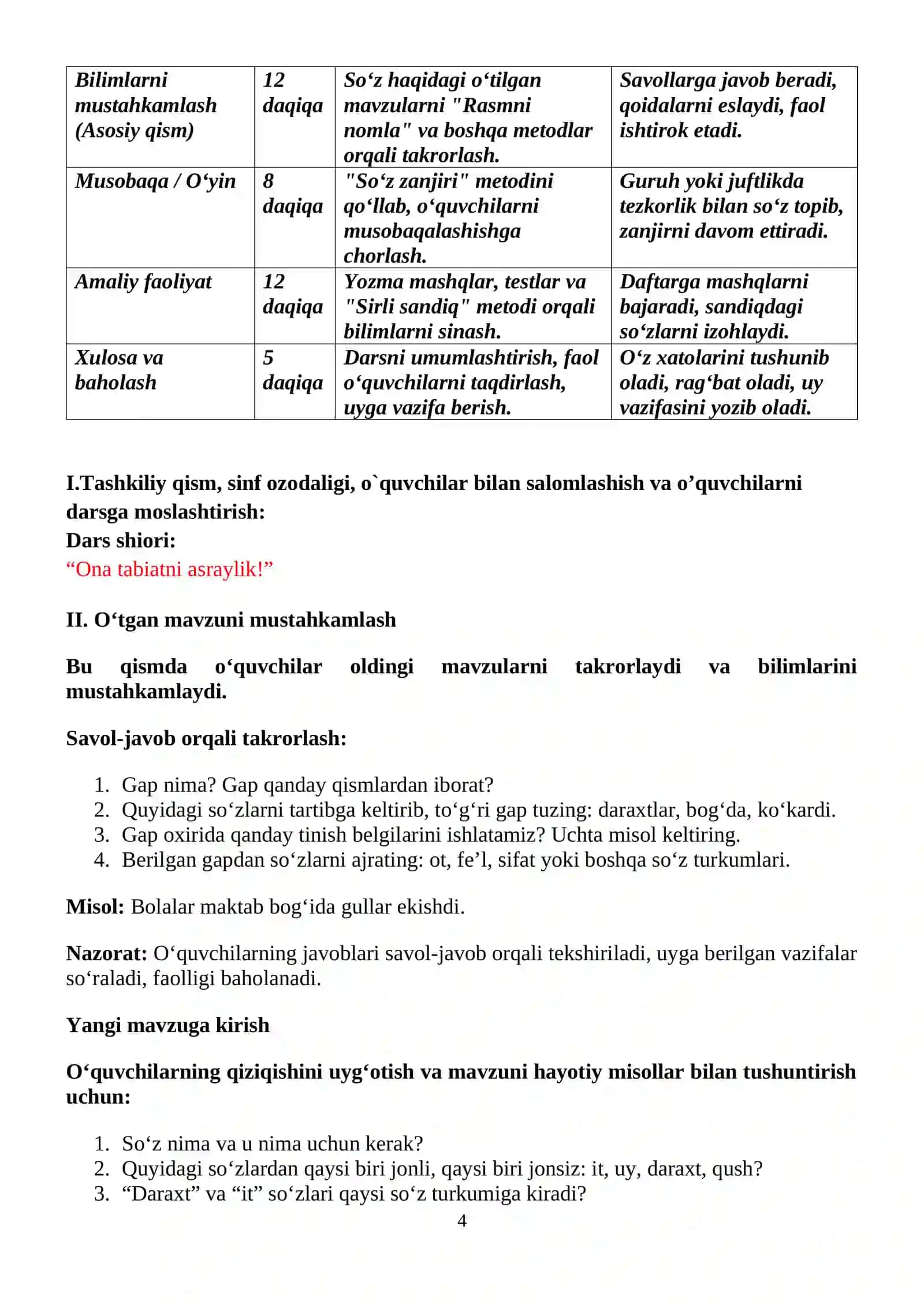 2-Sinflar uchun ona tili fanidan "Soʻz haqidagi bilimlarni mustahkamlaymiz" 4