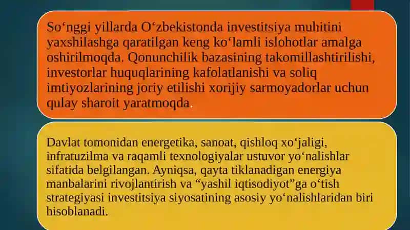 O‘zbekistonda amalga oshirilayotgan   real investitsiya loyihalari 4