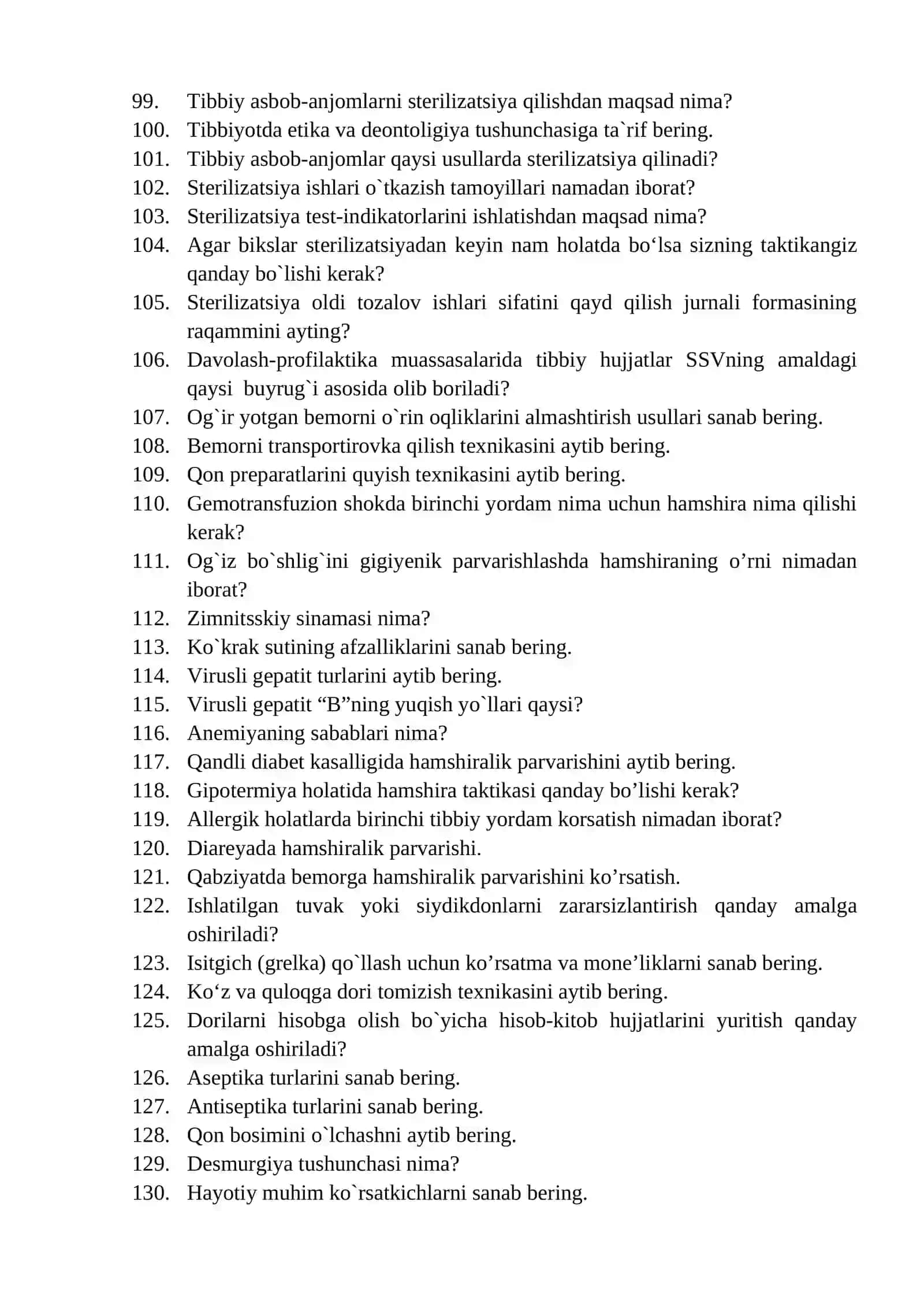 Hamshiralik ishi mutaxassisligi bo'yicha shakllantirilgan og'zaki savollar ro'yxati 4