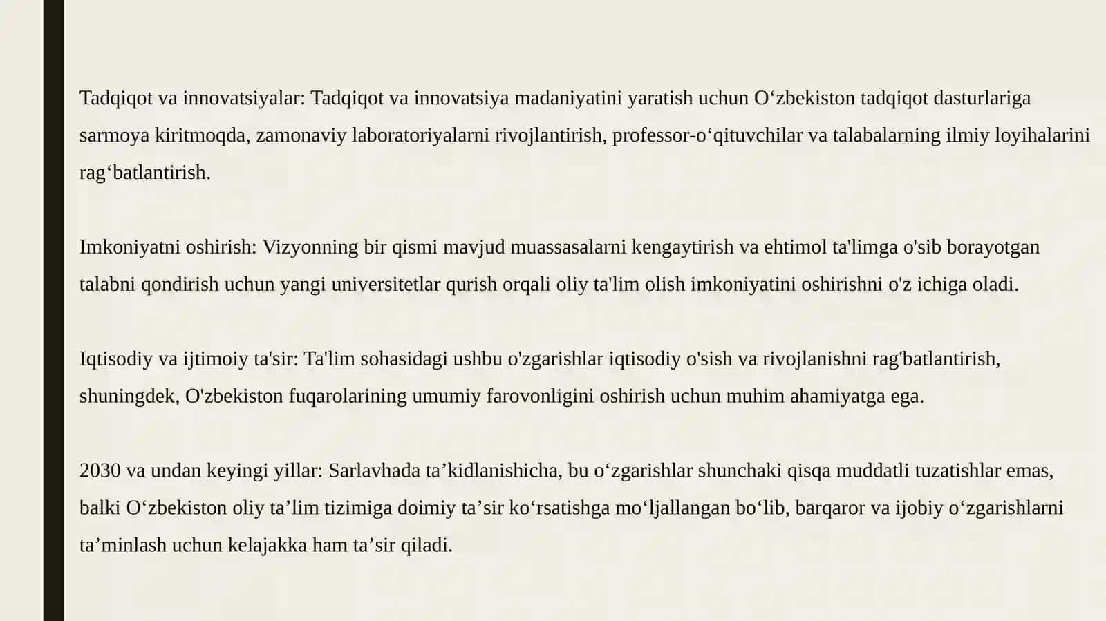O‘zbekiston Respublikasi Oliy ta’lim tizimini 2030 yilgacha  rivojlantirish Konsepsiyasini o‘rganish. 4