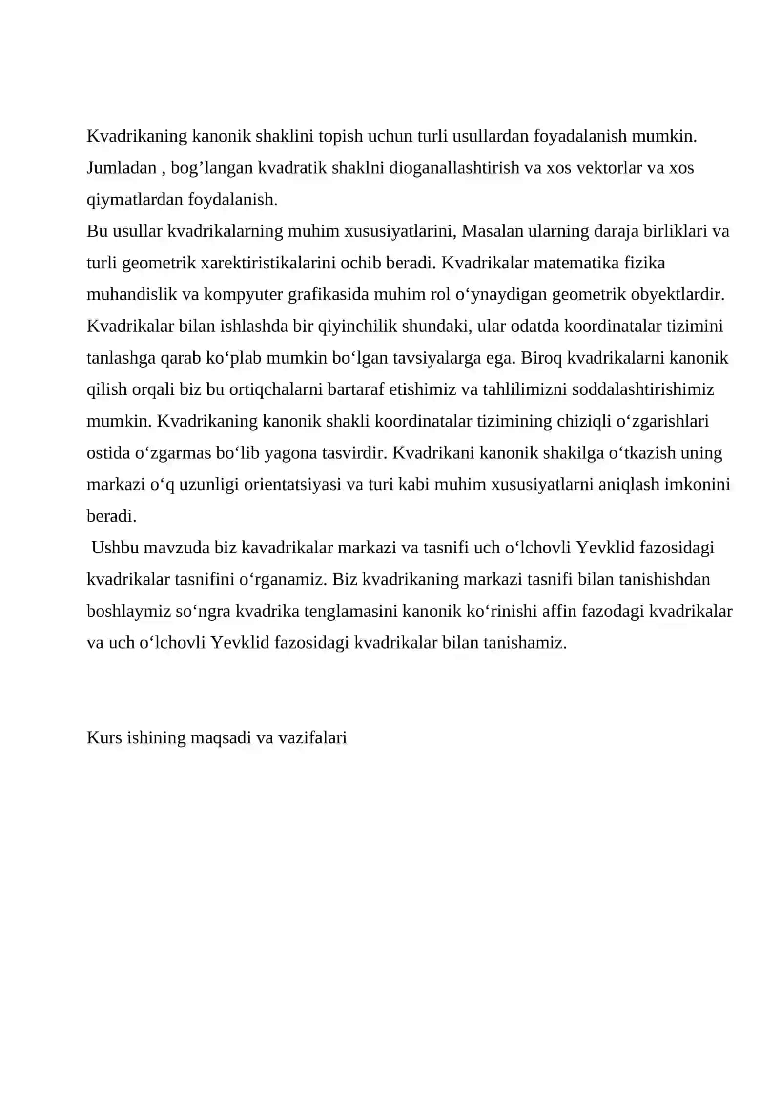 Kvadrikaning markazi va tasnifi. Uch o‘lchovli Yevklid fazosidagi kvadrikalar tasnifi 4