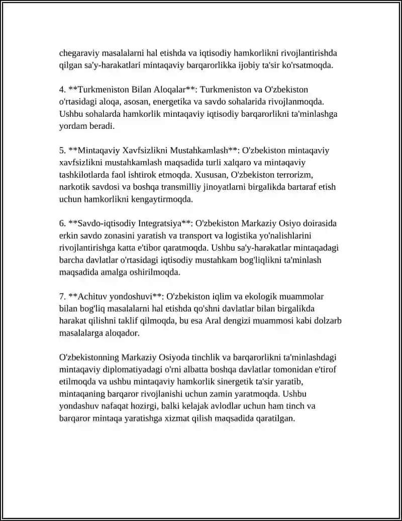 O'ZBEKISTONNING MARKAZIY OSIYODA TINCHLIK VA BARQARORLIKNI TA'MINLASHDAGI O'RNI 4