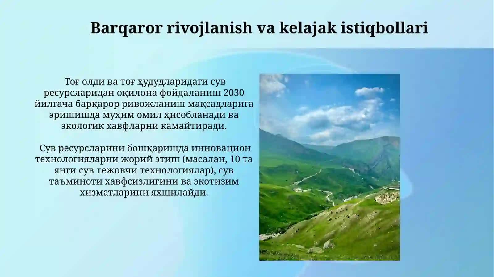 Ozbekiston Respublikasi tog' oldi va tog' gidroekosistemalari xizmatlari holati va tavsifi 4