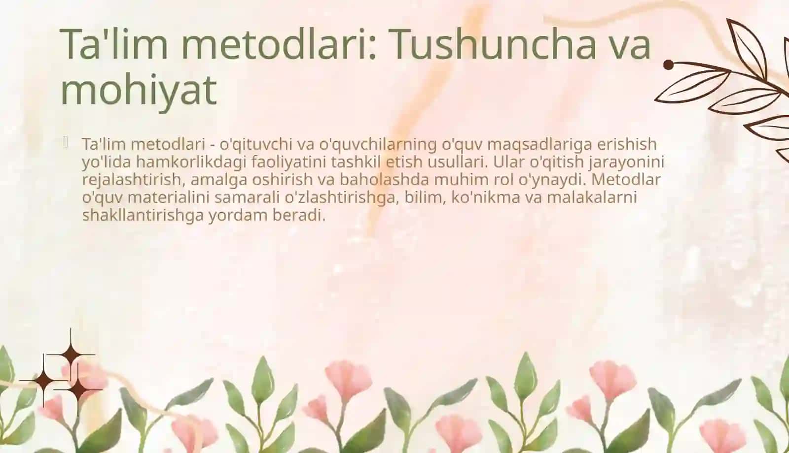 10 ta talim metodi ta'rifi,qòllanishi, afzalliklari kamchiliklari va boshlanĝich sinf uchun misollar. 4