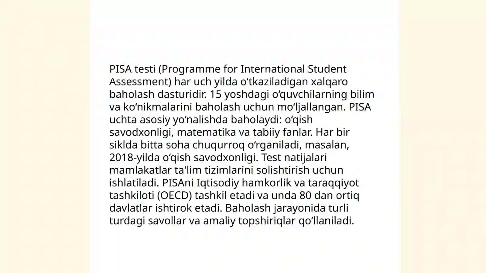 PISA -oʻquvchilarni taʼlimiy yutuqlarini baholash xalqaro dasturi 4