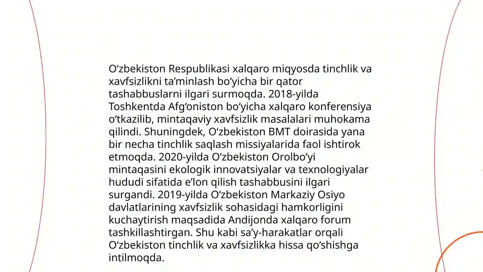 Oʻzbekistonning Markaziy Osiyoda tinchlik va barqarorlikni taʼminlashdagi oʻrni 4