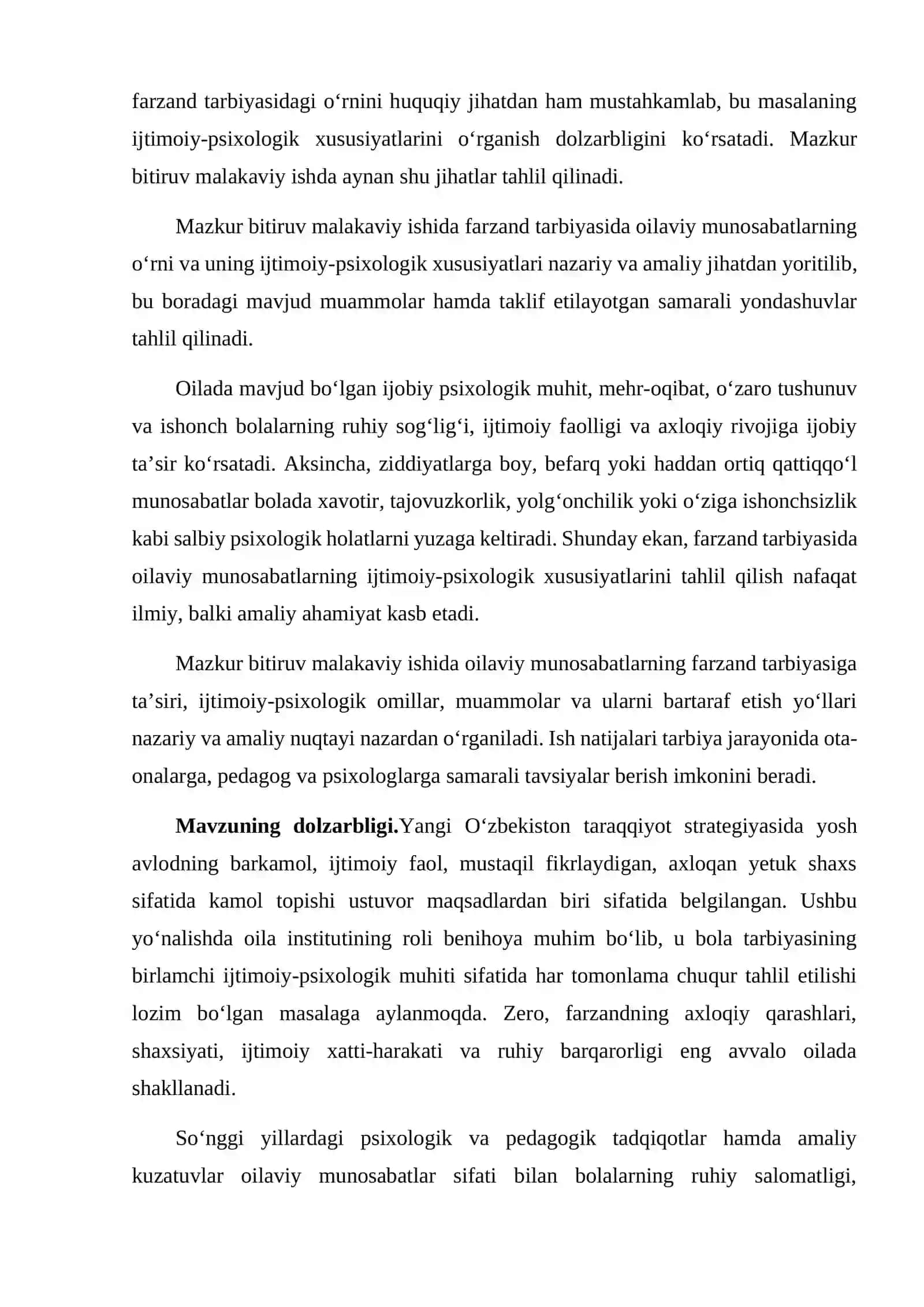"FARZAND TARBIYASIDA OILAVIY MUNOSABATLAR VA TARBIYANING IJTIMOIY-PSIXOLOGIK XUSUIYATLARI" BITIRUV MАLАKАVIY ISHI 4