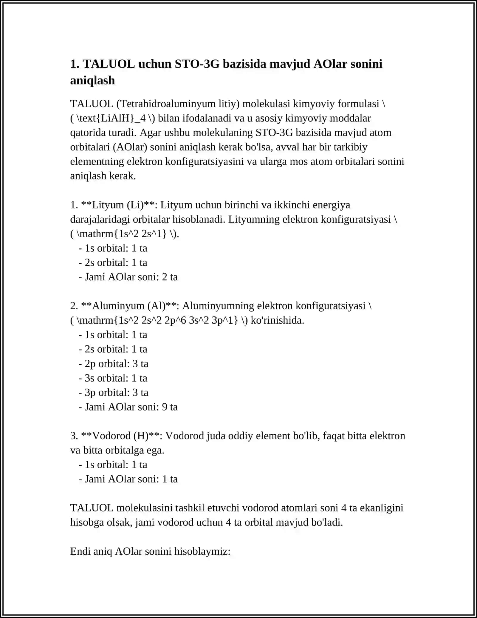 TALUOL MOLEKULASI UCHUN YARIM EMPERIK VA NOEMPERIK (STO-3G) NUQTAI NAZARDAN MO-LAR SONINI ANIQLASH 4