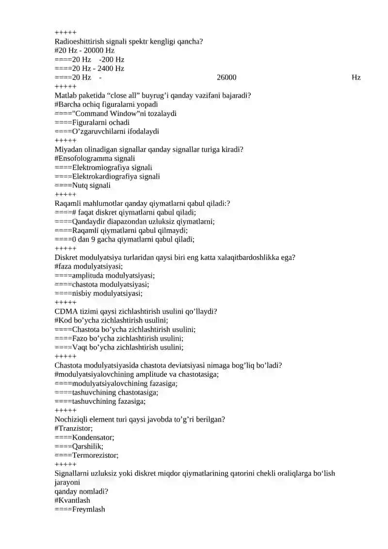 Tizimlar va signallarni qayta ishlash fanidan test savollari 4