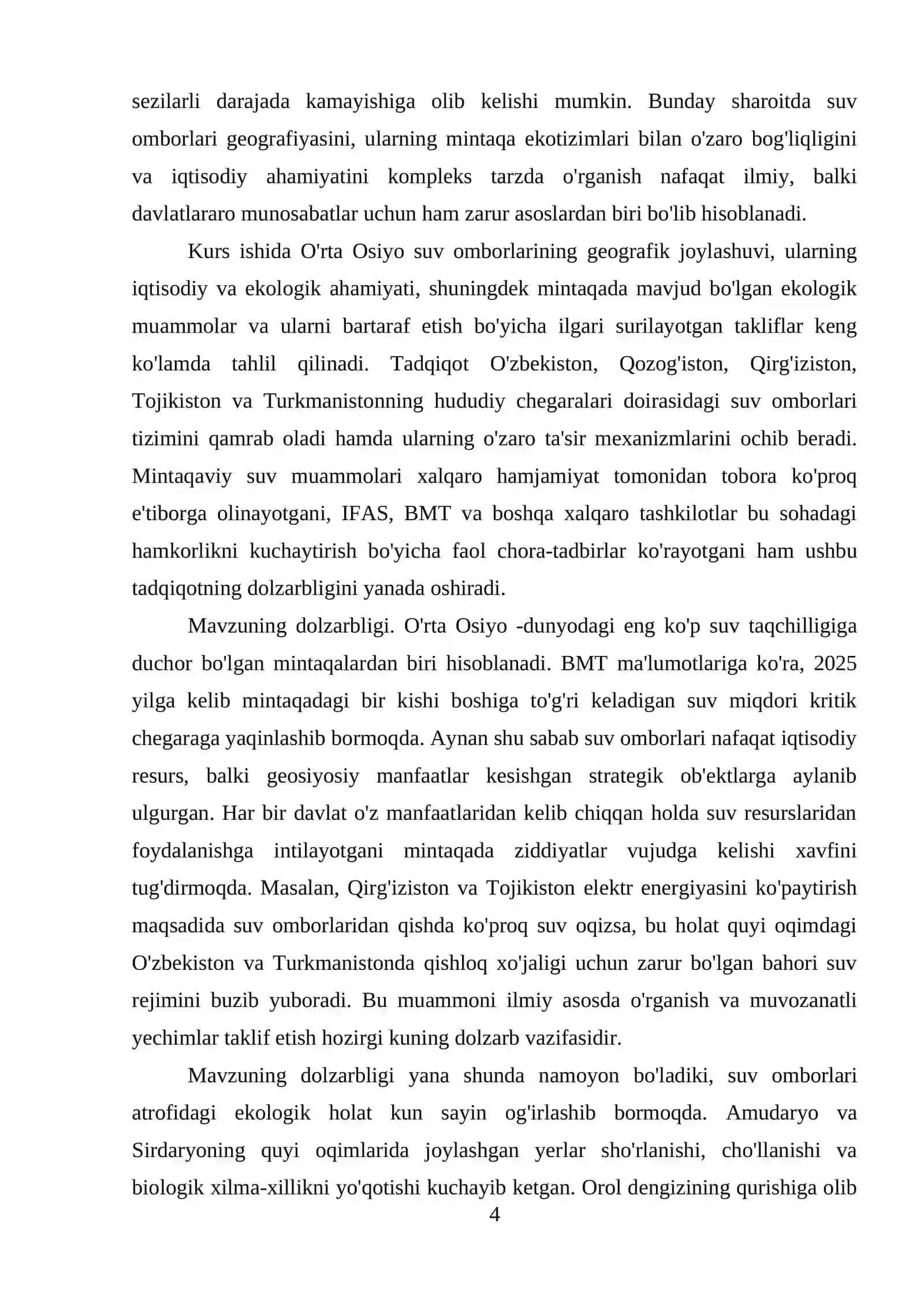 O`rta Osiyo suv omborlari geografiyasi va ekologik muammolari MAVZUSIDA KURS ISHI 4