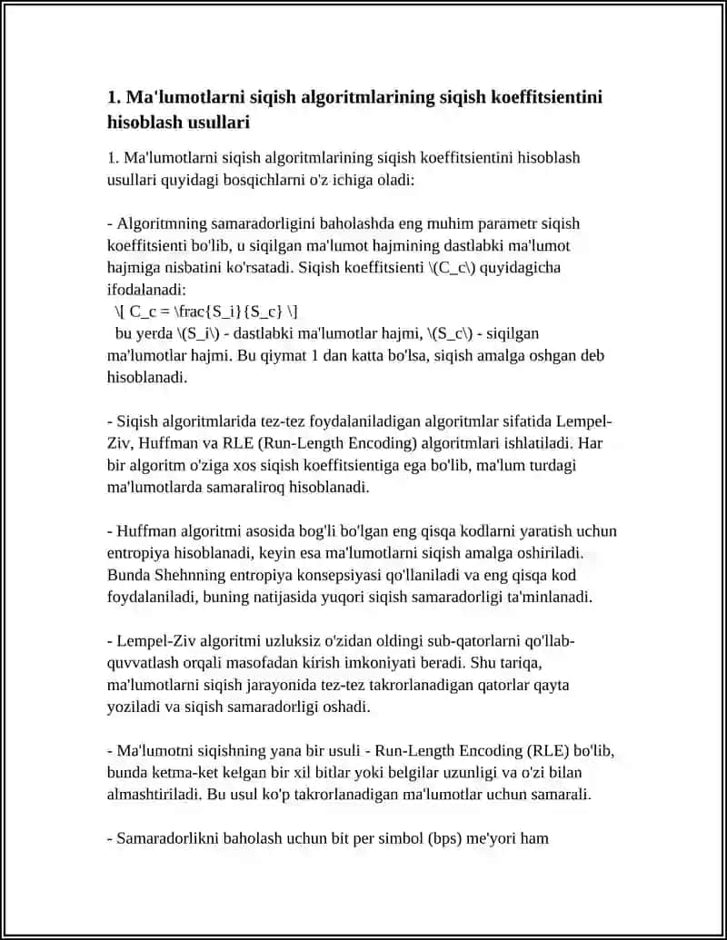 SIQISH ALGORITMI ASOSIDA MA'LUMOTLAMI SIQISH USULLARINING SAMARADORLIGINI HISOBLASH 4