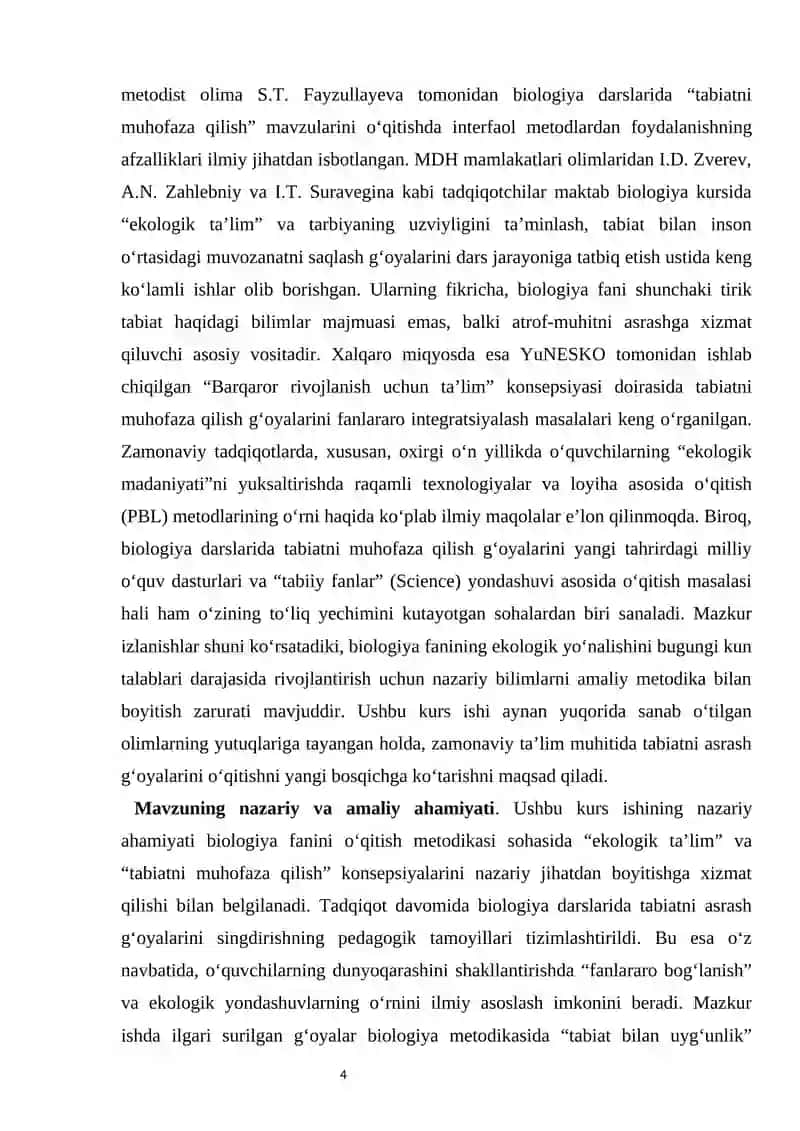 BIOLOGIYA FANIDA TABIATNI MUHOFAZA QILISH G‘OYALARINI O‘QITISH kurs ishi 4