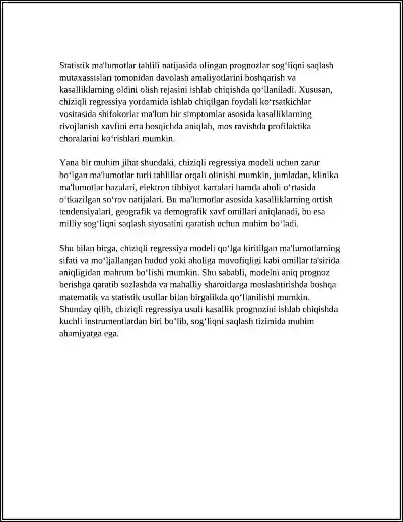 CHIZIQLI REGRESSIYA YORDAMIDA TIBBIY MA’LUMOTLAR BO’YICHA KASALLIK PROGNOZINI TUZISH 4