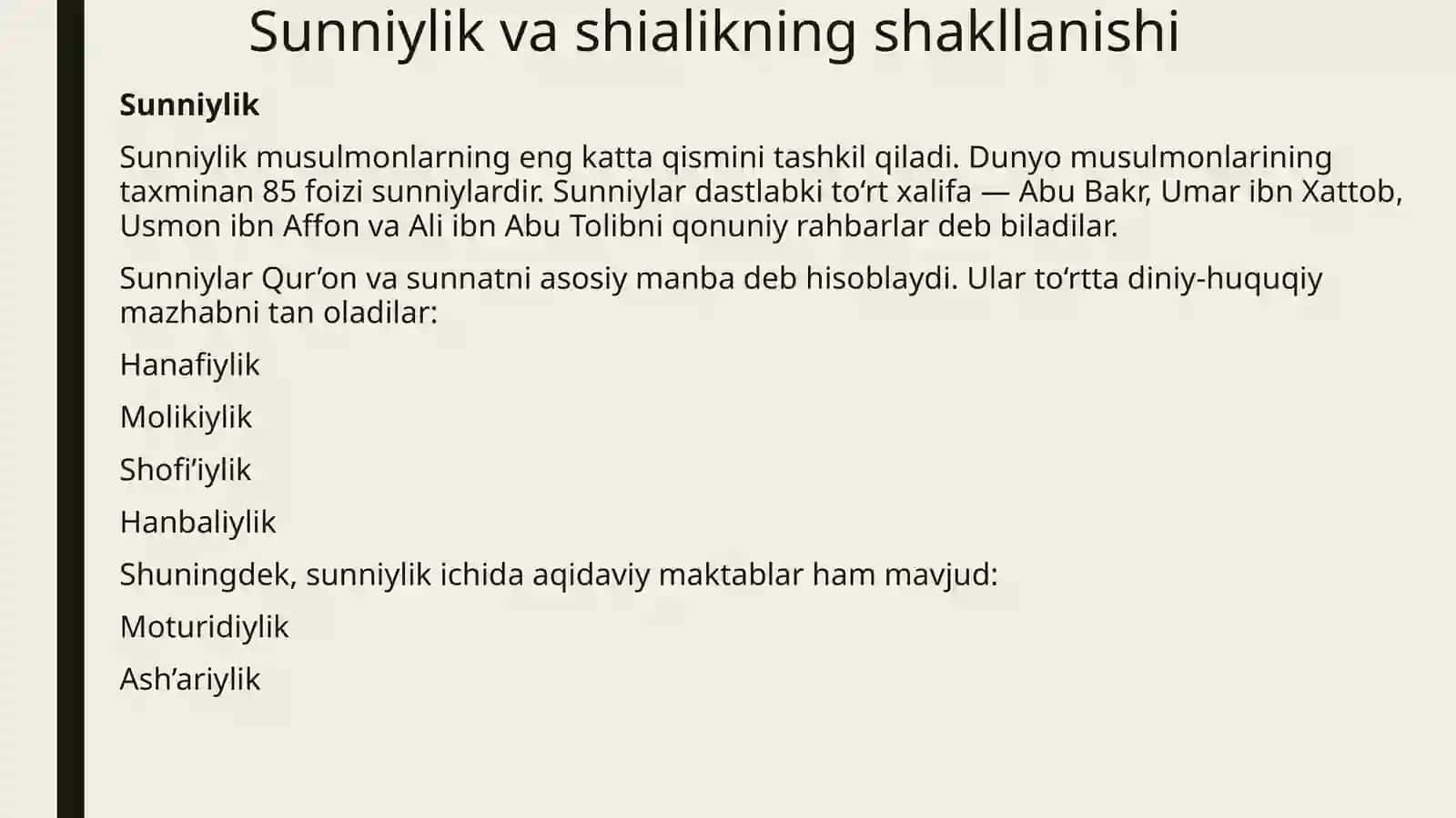 Islomdagi oqimlar va yo‘nalishlarning paydo bo‘lish sabablari, e’tiqoddagi bo‘linishlarning sabablari vaoqibatlari 4