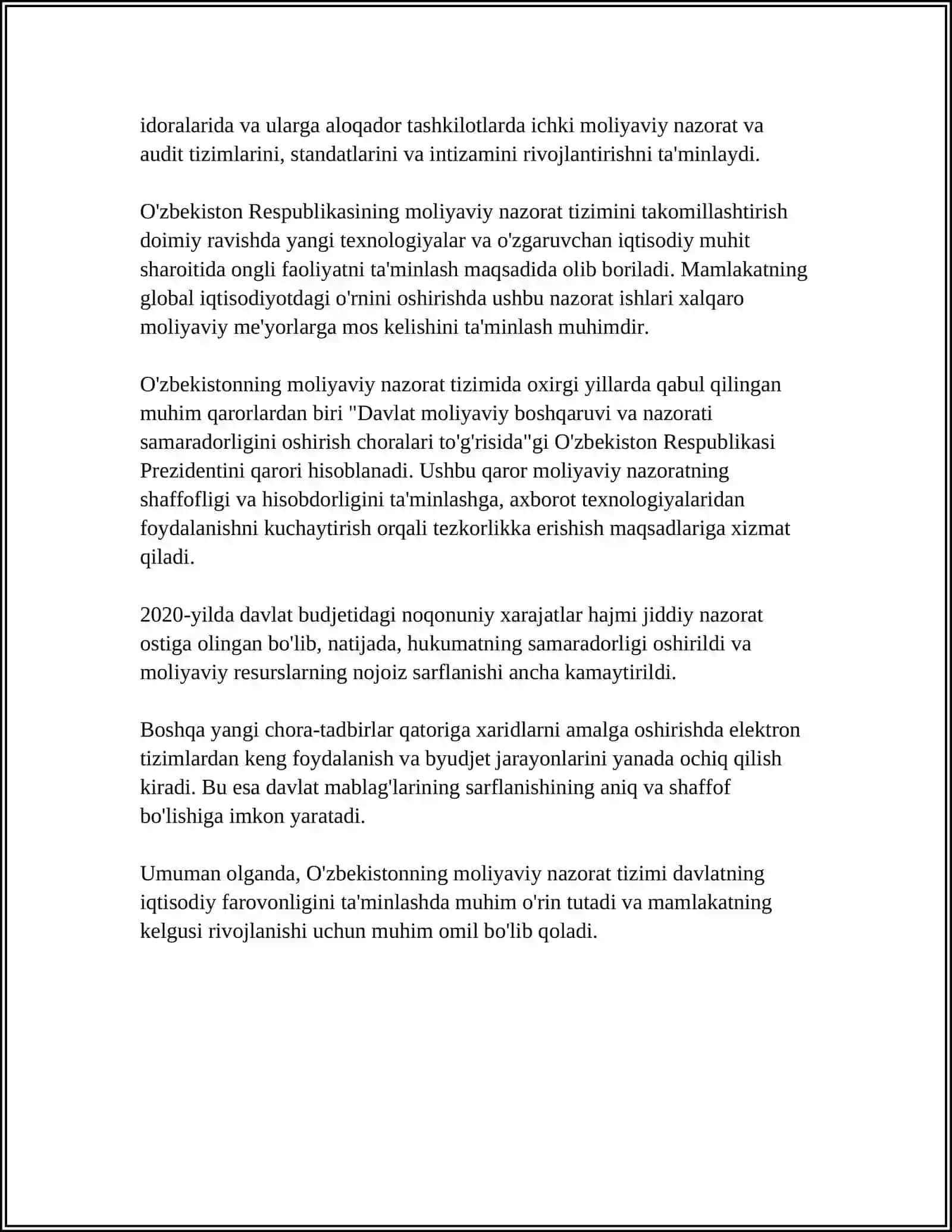 O'ZBEKISTON RESPUBLIKASINING MOLIYAVIY NAZORAT TIZIMIDA AUDITNING TUTGAN O'RNI 4