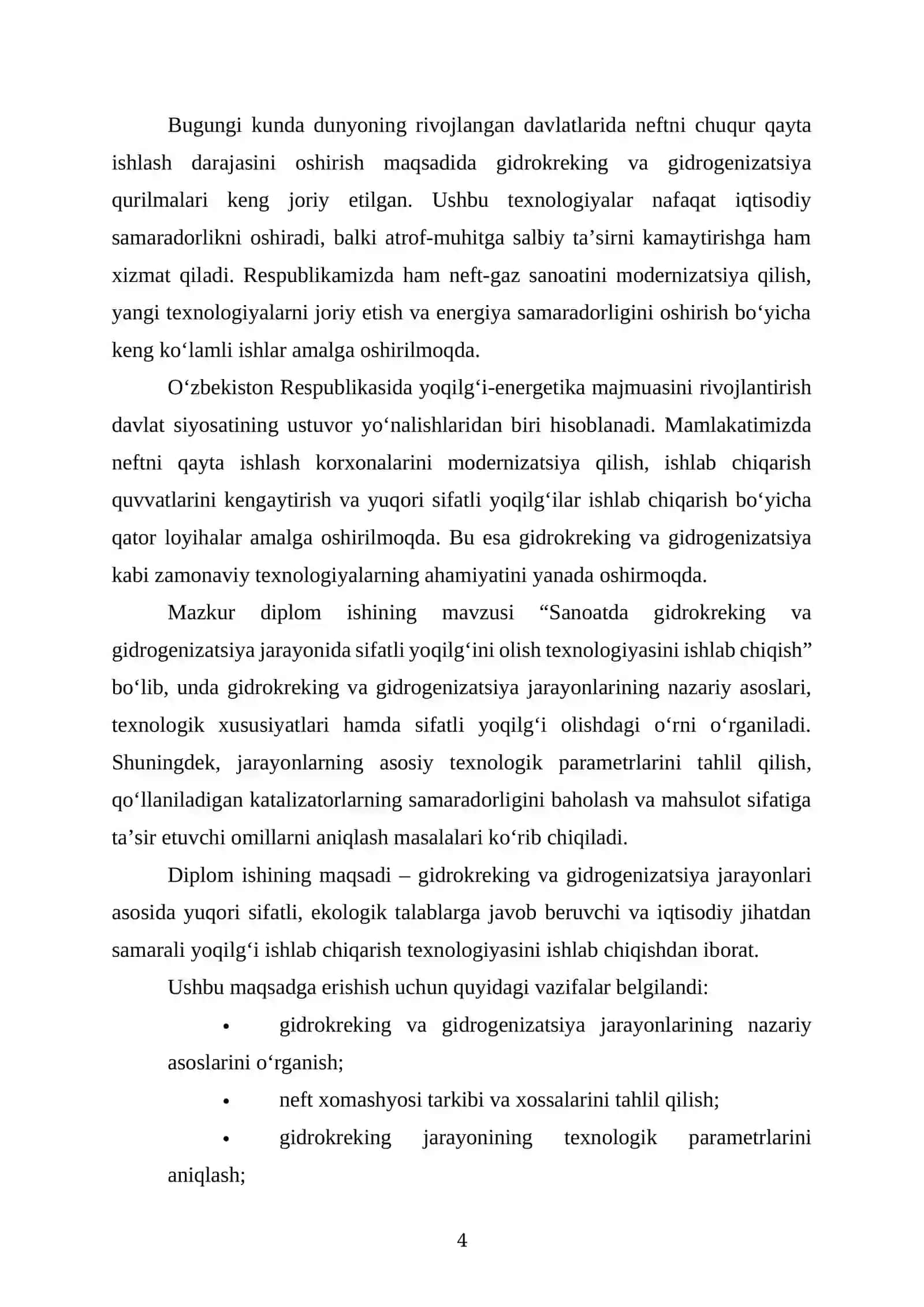 Sanoatda gidrokrekin va gidroggenizatsia jarayonida sifatli yoqilgʻini olish texnologiyasini ishlab chiqish 4