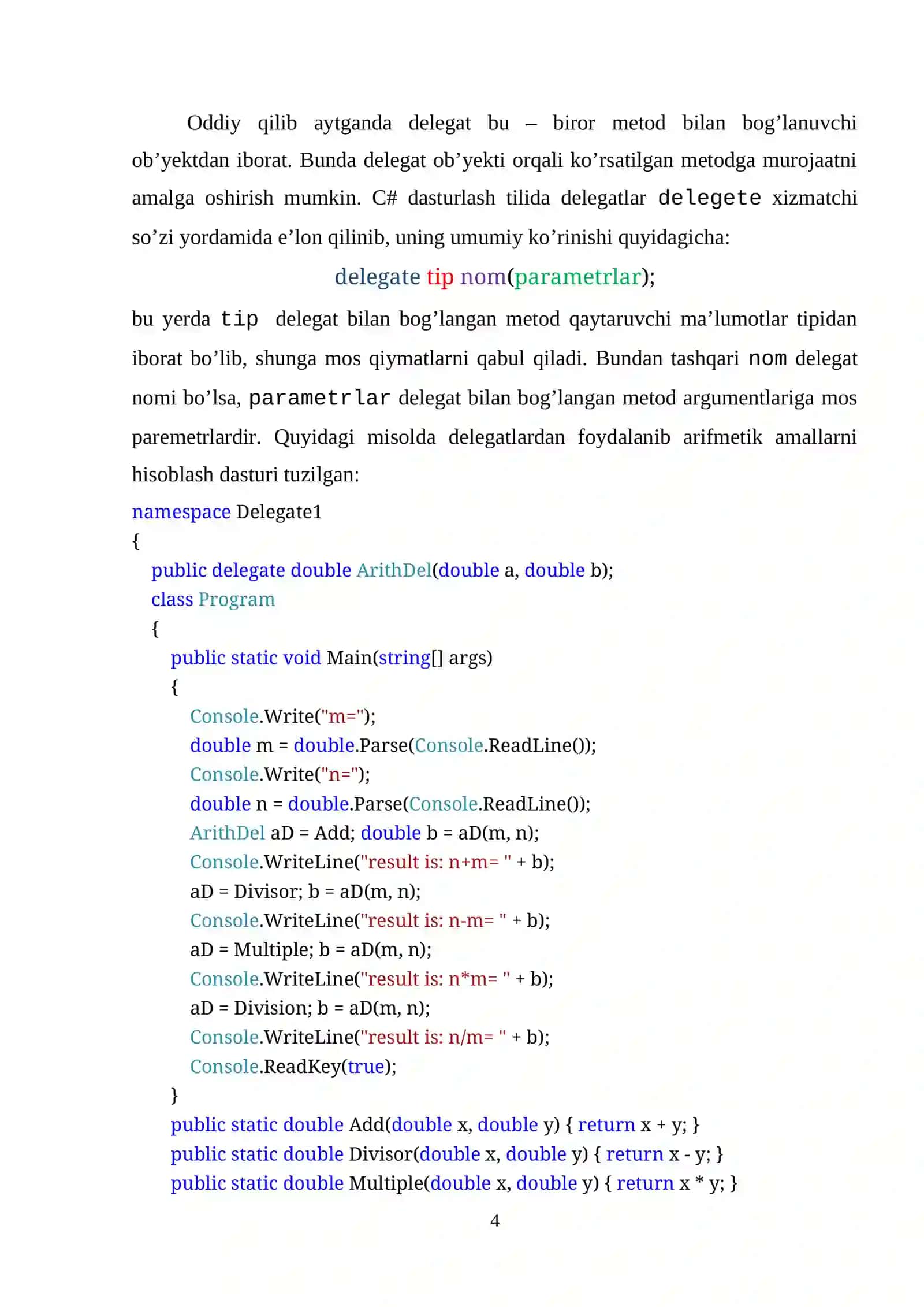 “C# dasturlash tilida delegatlar, hodisalar va lyambda ifodalar” mavzusiga oid yozgan KURS ISHI 4