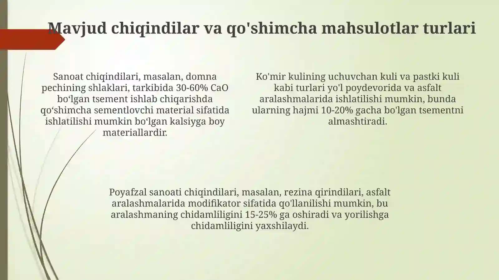 Chiqindilar va ikkilamchi maxsulotlar asosida yo'l qurilish materiallarini olish 4