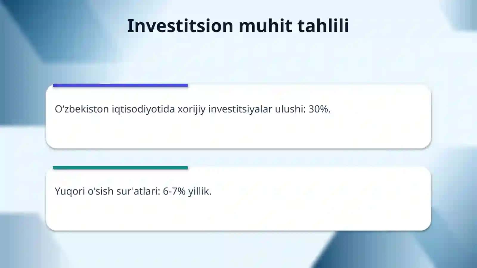 O‘zbekistonning investitsion dasturi. O‘zbekiston iqtisodiyotiga xorijiy investitsiyalarni jalb etish. 4