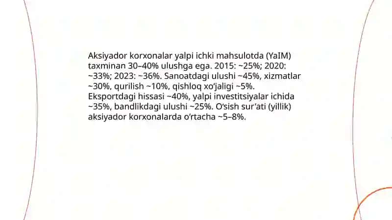 Aksiyadorlik Kompaniyalarining Oʻzbekiston iqtisodiyotidagi oʻrni 4