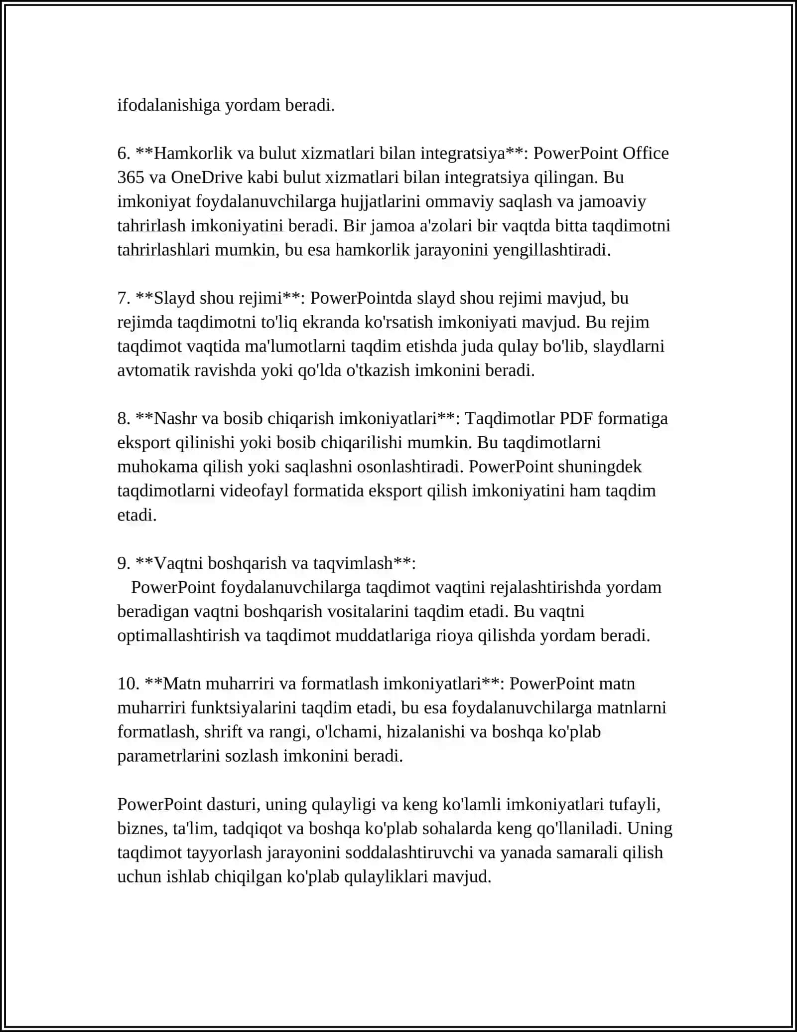 MUSTAQIL ISH Mavzu: TAQDIMOTLAR YARATISH TEXNALOGIYASI:POWER POINT,CANVA.COM,PREZZI.COM VA GOOGLE DOCSDAGI PREZENTATSIYA TAYYORLAR DASTURIDAN FOYDALANISH 4