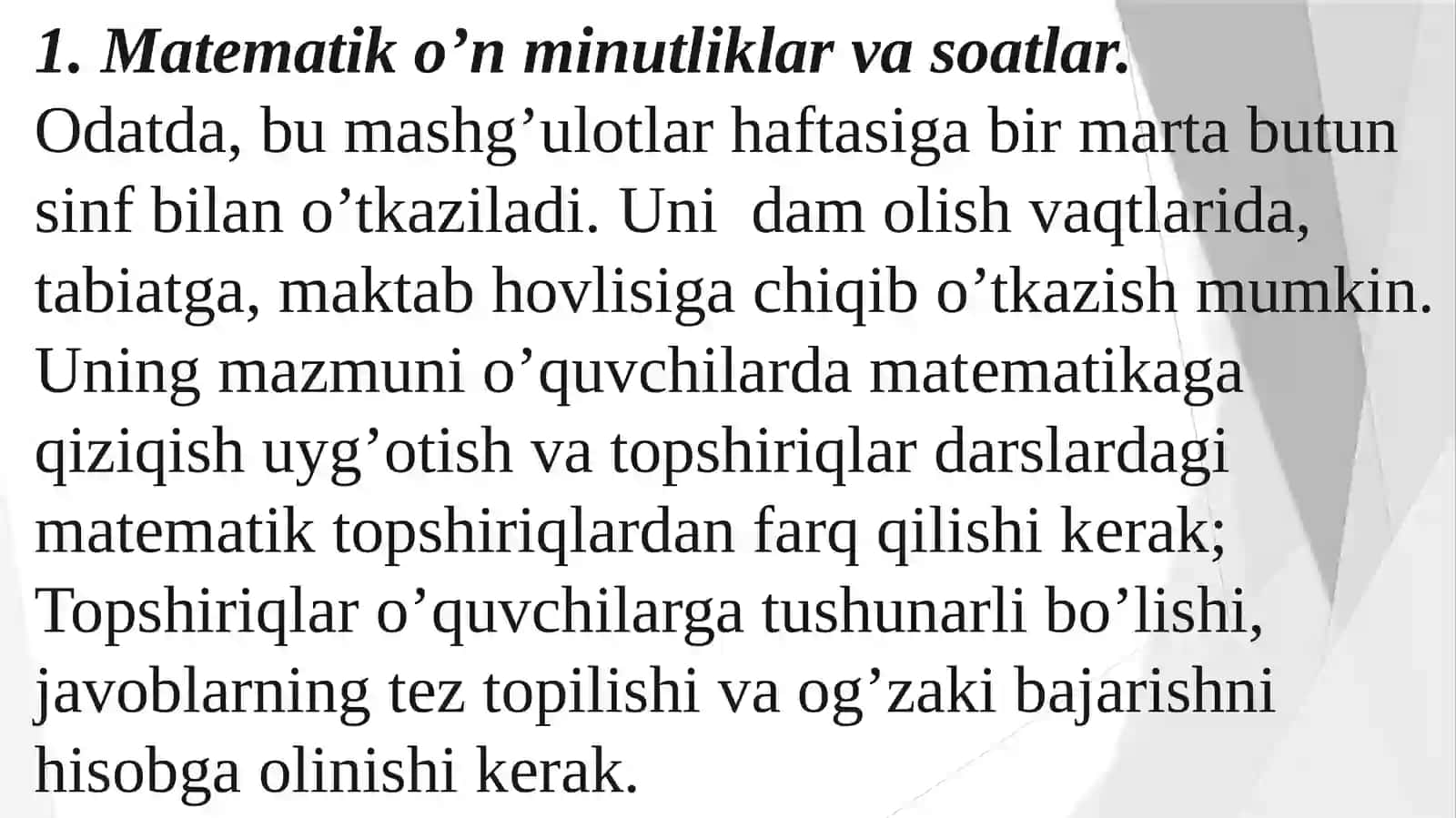Matematik to‘garak, matematik o‘n minutliklar, matematik konkurs, bellashuvlar va mashg`ulotlarni tayyorlash va o‘tkazish metodikasi 4